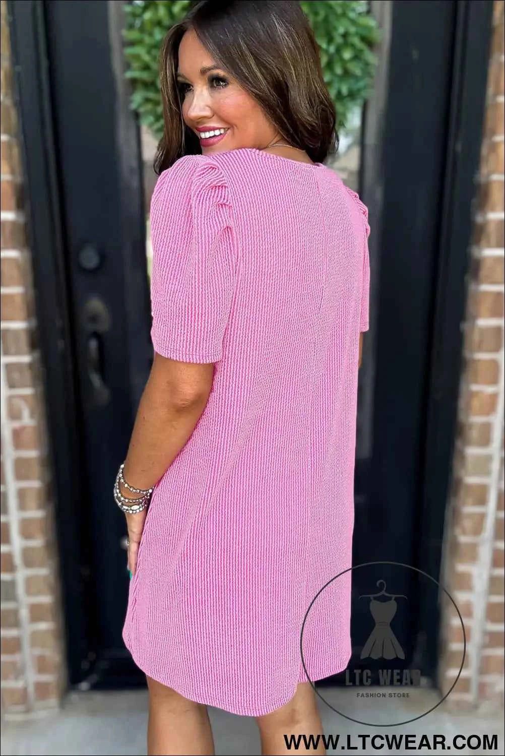 Parchment Puff Sleeve Ribbed Knit Mini Dress