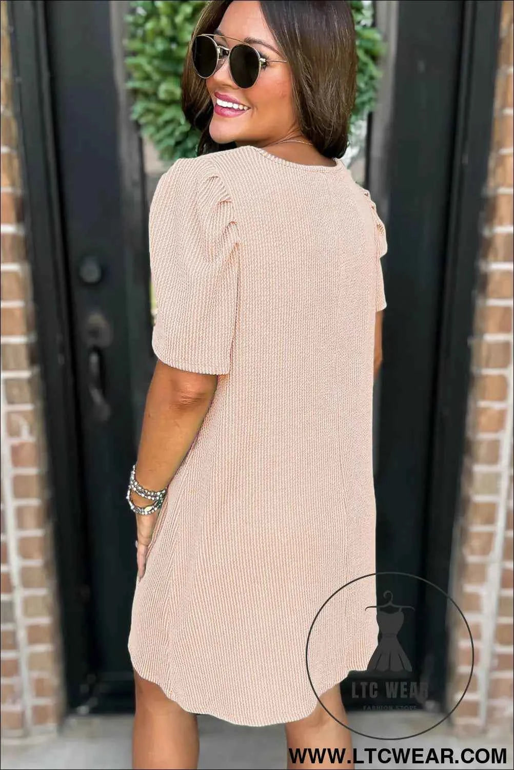 Parchment Puff Sleeve Ribbed Knit Mini Dress