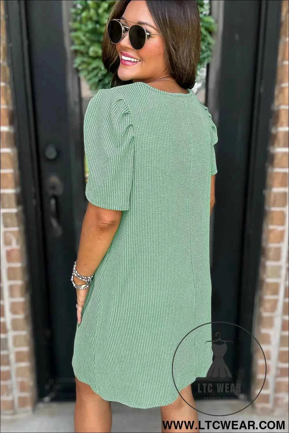 Parchment Puff Sleeve Ribbed Knit Mini Dress