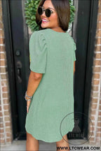 Parchment Puff Sleeve Ribbed Knit Mini Dress