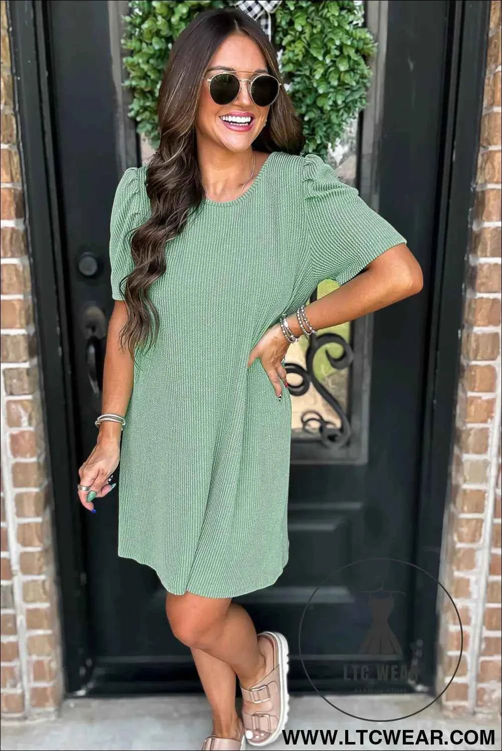 Parchment Puff Sleeve Ribbed Knit Mini Dress