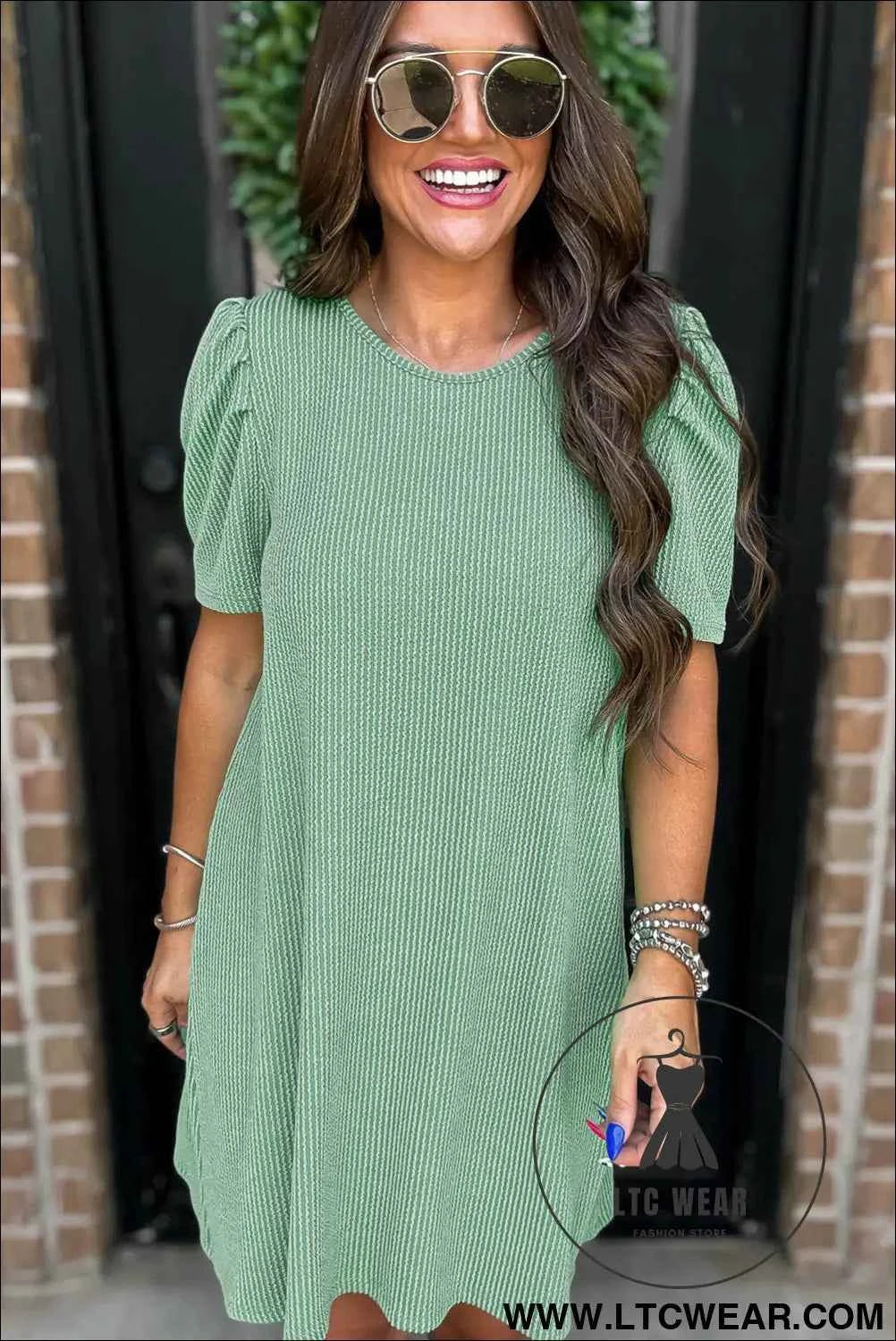 Parchment Puff Sleeve Ribbed Knit Mini Dress