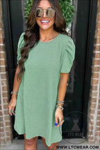 Parchment Puff Sleeve Ribbed Knit Mini Dress