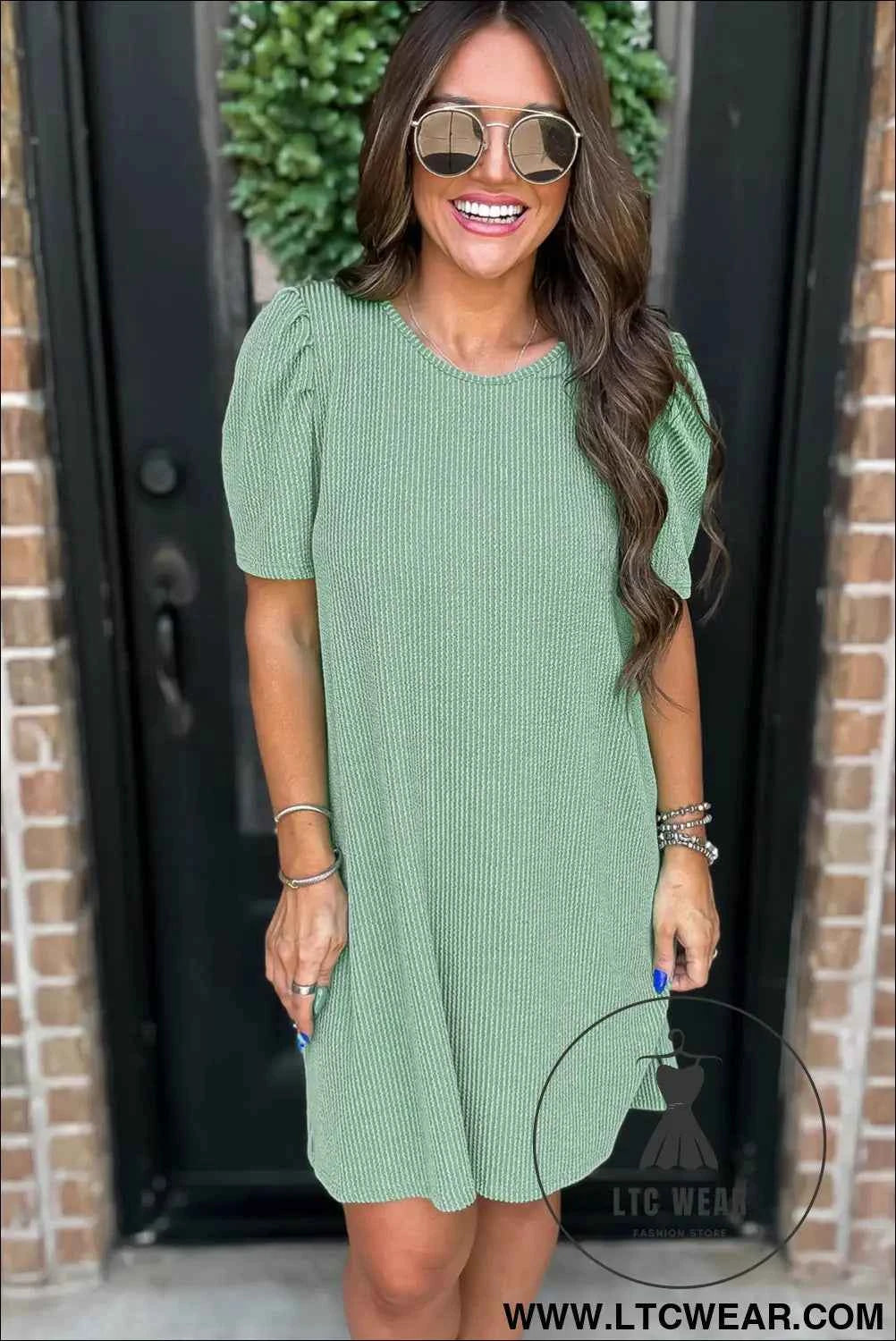 Parchment Puff Sleeve Ribbed Knit Mini Dress