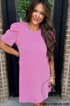 Parchment Puff Sleeve Ribbed Knit Mini Dress