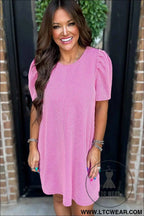 Parchment Puff Sleeve Ribbed Knit Mini Dress