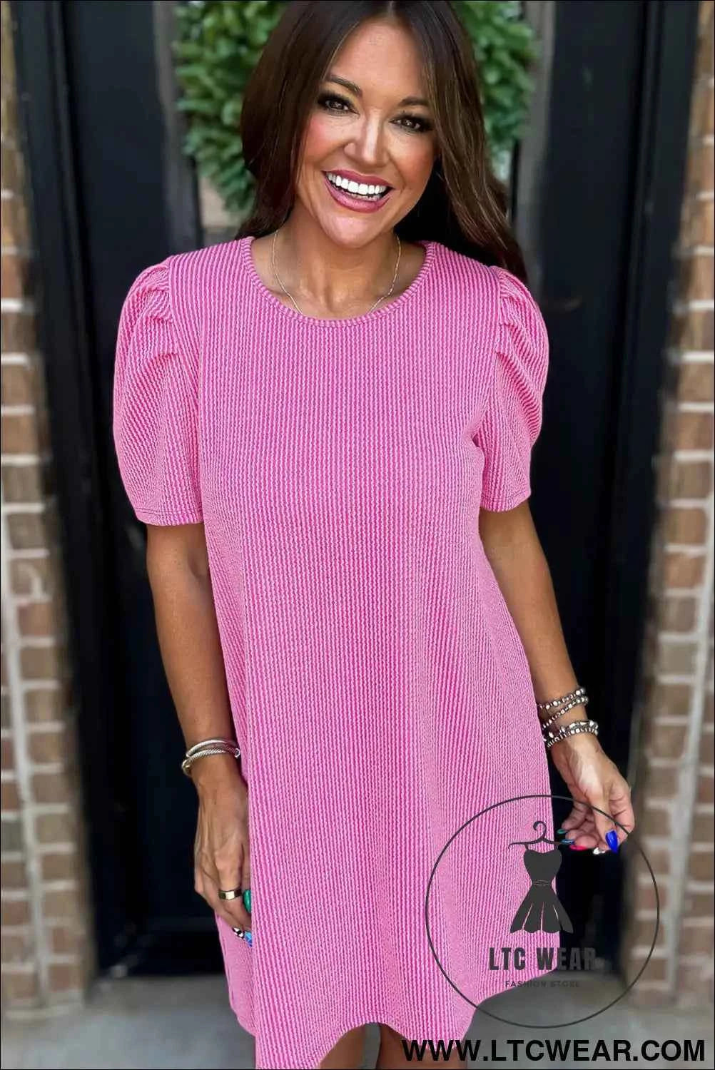Parchment Puff Sleeve Ribbed Knit Mini Dress