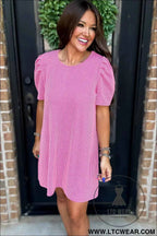 Parchment Puff Sleeve Ribbed Knit Mini Dress