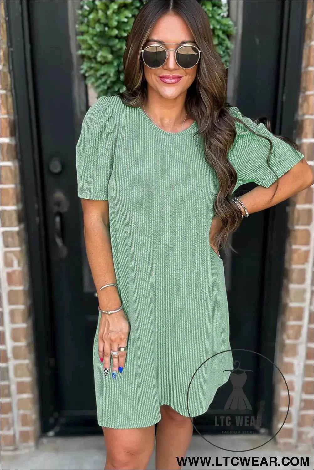 Parchment Puff Sleeve Ribbed Knit Mini Dress