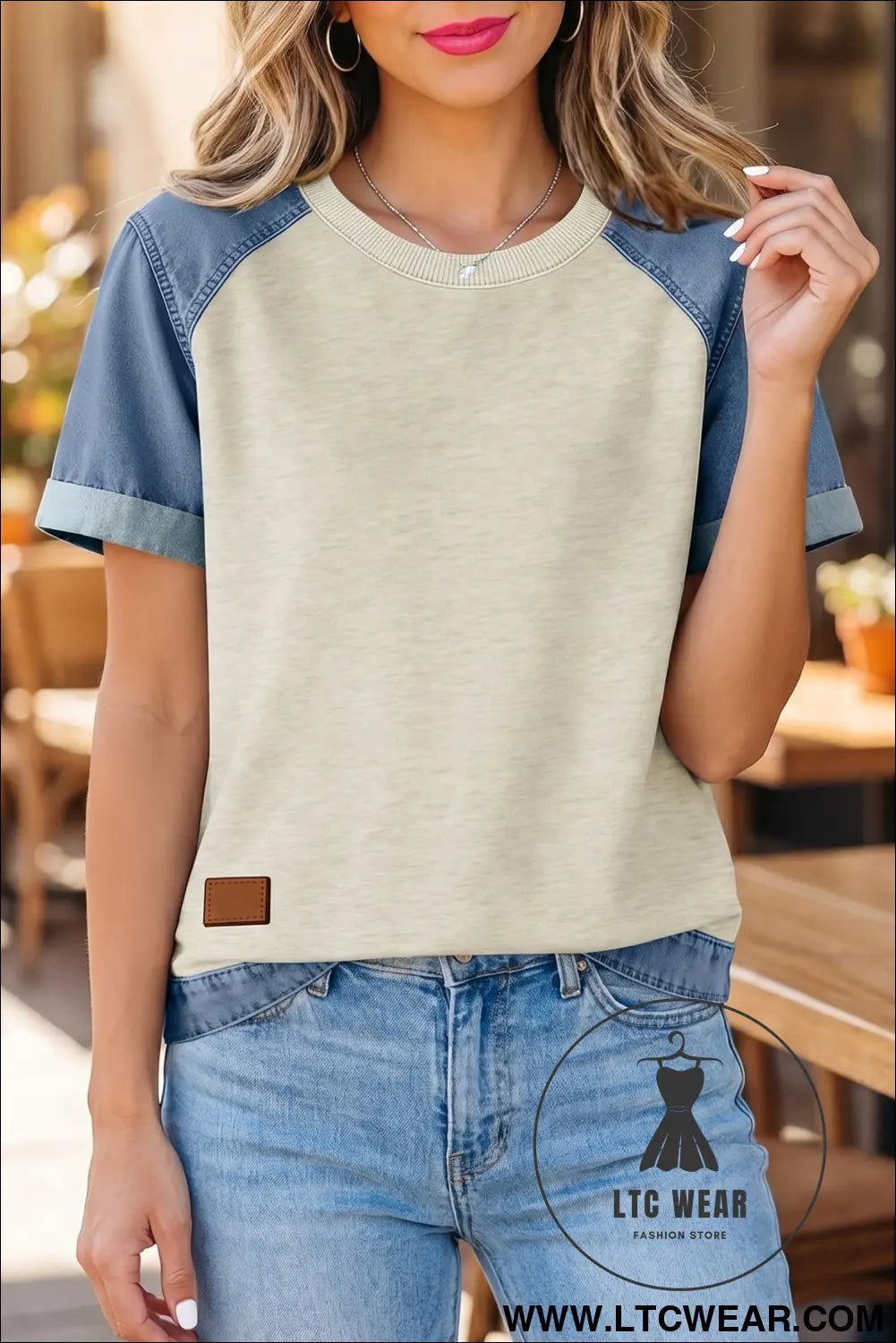 Parchment Denim Color Block Patchwork Round Neck Tee - L.T.C Wear Online Fashion Store