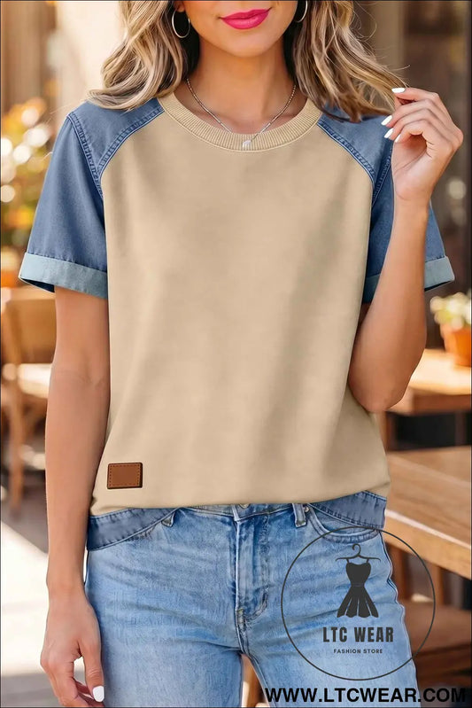 Parchment Denim Color Block Patchwork Round Neck Tee