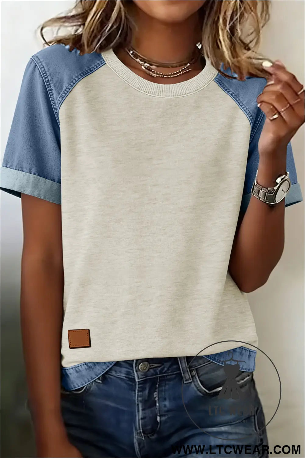 Parchment Denim Color Block Patchwork Round Neck Tee - L.T.C Wear Online Fashion Store