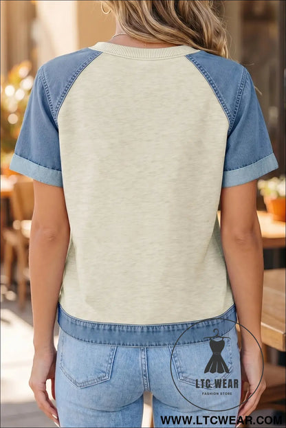 Parchment Denim Color Block Patchwork Round Neck Tee - L.T.C Wear Online Fashion Store