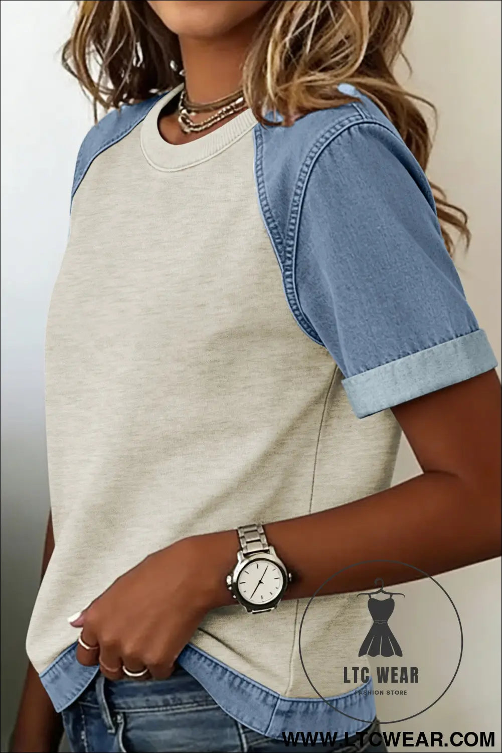 Parchment Denim Color Block Patchwork Round Neck Tee - L.T.C Wear Online Fashion Store