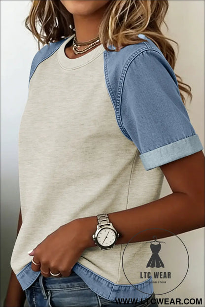 Parchment Denim Color Block Patchwork Round Neck Tee - L.T.C Wear Online Fashion Store