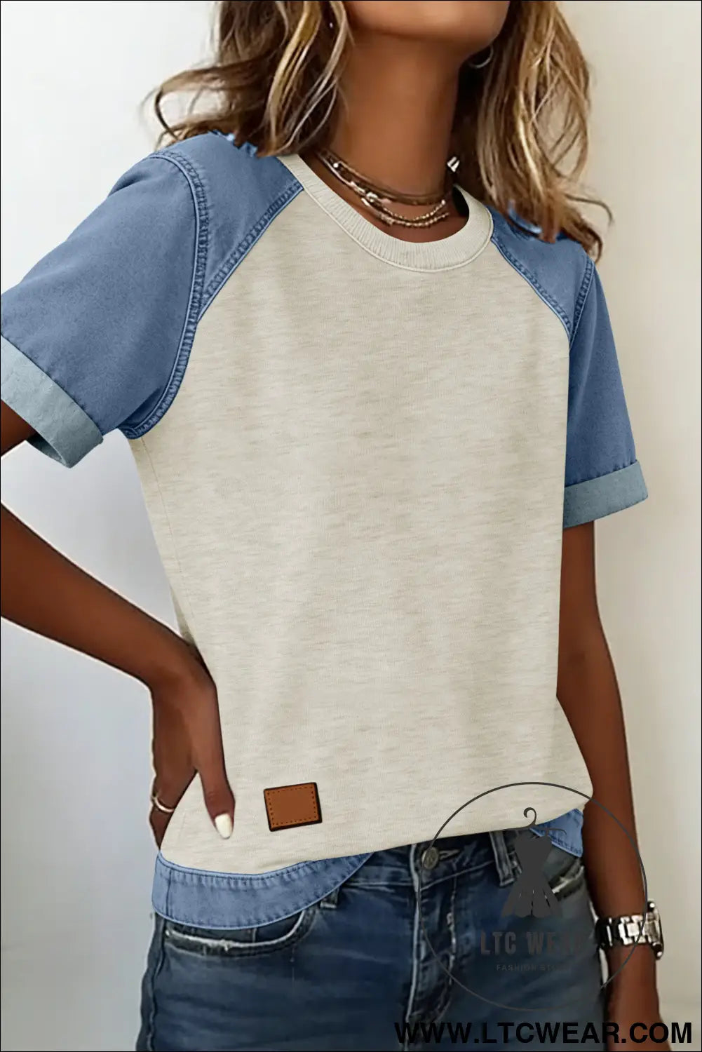 Parchment Denim Color Block Patchwork Round Neck Tee - L.T.C Wear Online Fashion Store