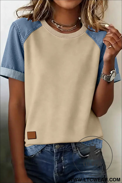 Parchment Denim Color Block Patchwork Round Neck Tee