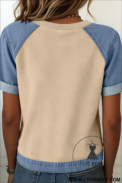 Parchment Denim Color Block Patchwork Round Neck Tee - L.T.C Wear Online Fashion Store