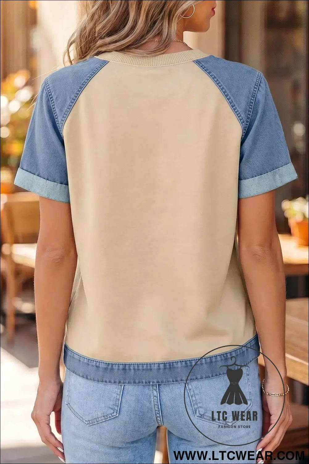 Parchment Denim Color Block Patchwork Round Neck Tee