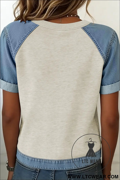 Parchment Denim Color Block Patchwork Round Neck Tee - L.T.C Wear Online Fashion Store