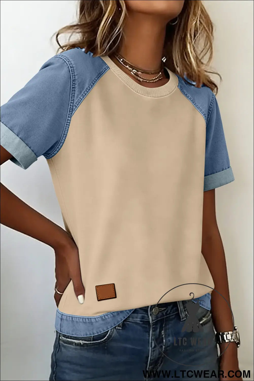 Parchment Denim Color Block Patchwork Round Neck Tee - L.T.C Wear Online Fashion Store