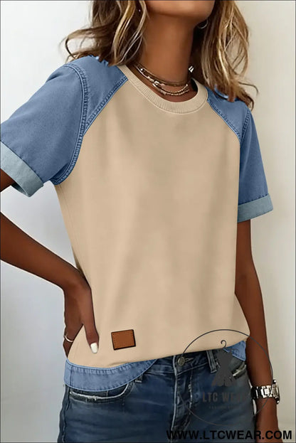 Parchment Denim Color Block Patchwork Round Neck Tee - L.T.C Wear Online Fashion Store