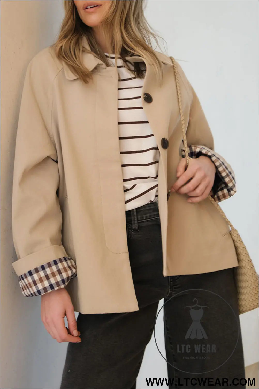 Parchment plaid lined collar trench - parchment / l / 100% polyester - jackets