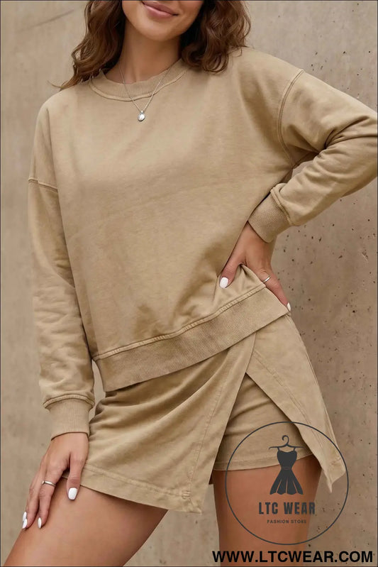 Parchment Solid Color Long Sleeve Top Split Skort 2pcs Outfit