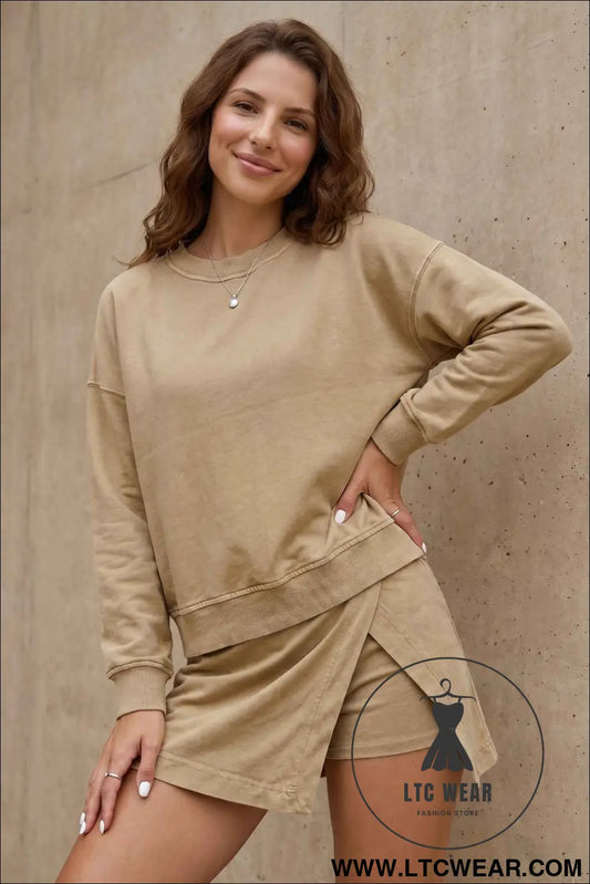 Parchment Solid Color Long Sleeve Top Split Skort 2pcs Outfit