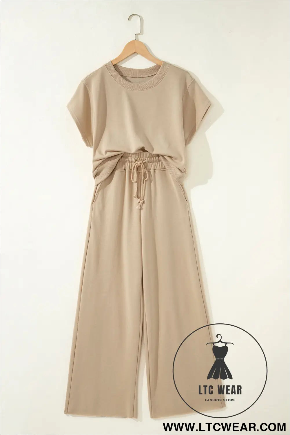 Parchment solid color loose tee drawstring wide leg pants 2pcs outfit - pant sets