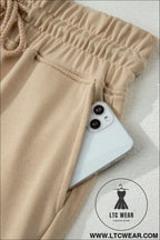 Parchment solid color loose tee drawstring wide leg pants 2pcs outfit - pant sets