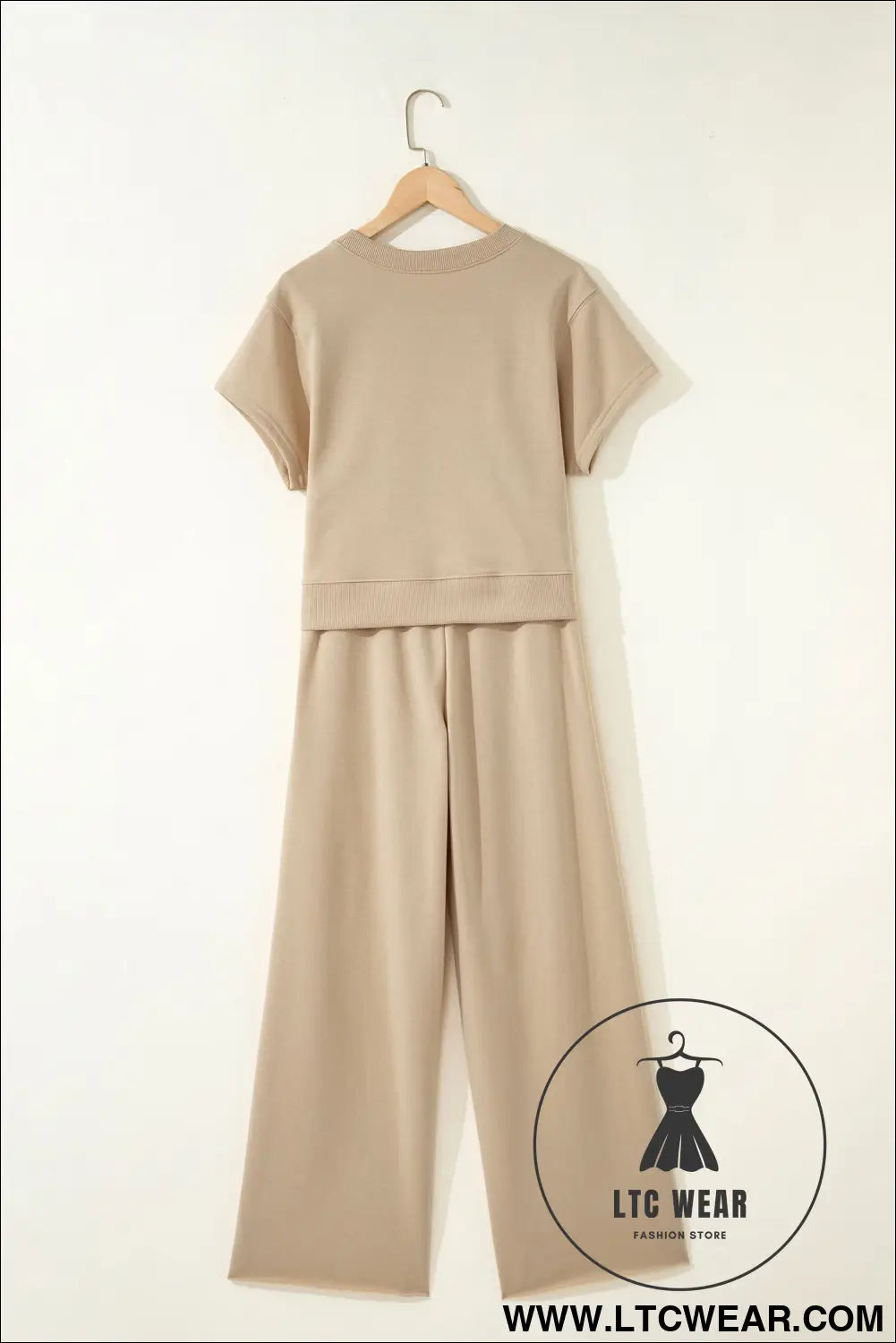 Parchment solid color loose tee drawstring wide leg pants 2pcs outfit - pant sets