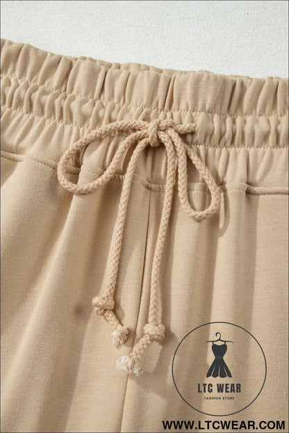 Parchment solid color loose tee drawstring wide leg pants 2pcs outfit - pant sets