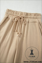 Parchment solid color loose tee drawstring wide leg pants 2pcs outfit - pant sets