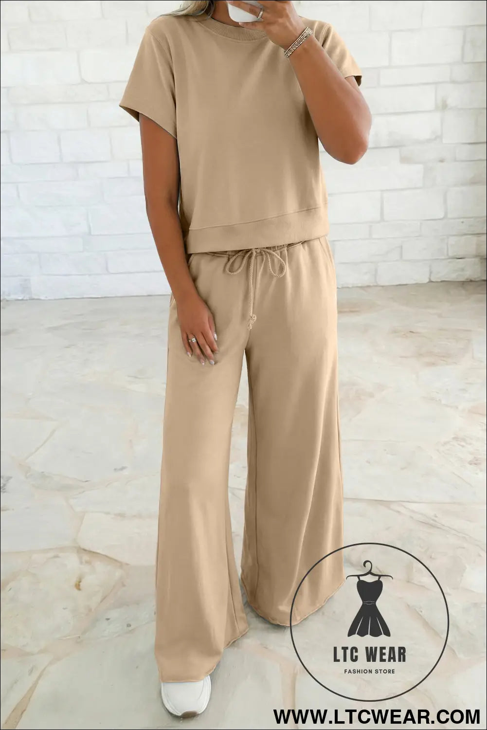 Parchment solid color loose tee drawstring wide leg pants 2pcs outfit - parchment / l / 80% polyester + 20% cotton
