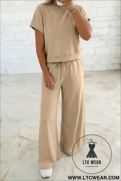 Parchment solid color loose tee drawstring wide leg pants 2pcs outfit - parchment / l / 80% polyester + 20% cotton