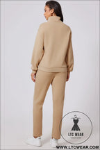 Parchment solid half button sweatshirt and high waist pants set - activewear sets