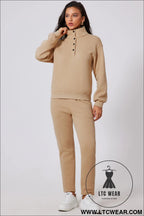 Parchment solid half button sweatshirt and high waist pants set - activewear sets