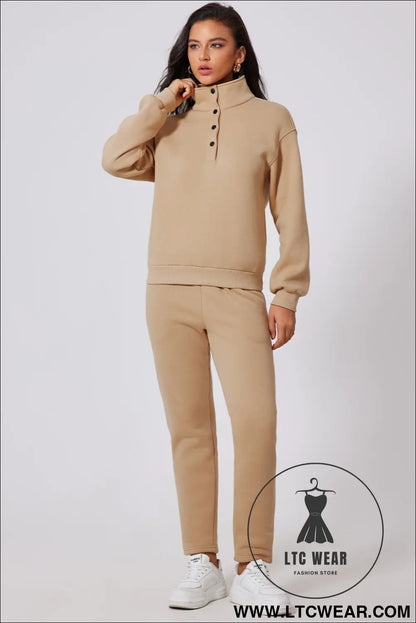 Parchment solid half button sweatshirt and high waist pants set - activewear sets