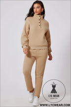 Parchment solid half button sweatshirt and high waist pants set - activewear sets