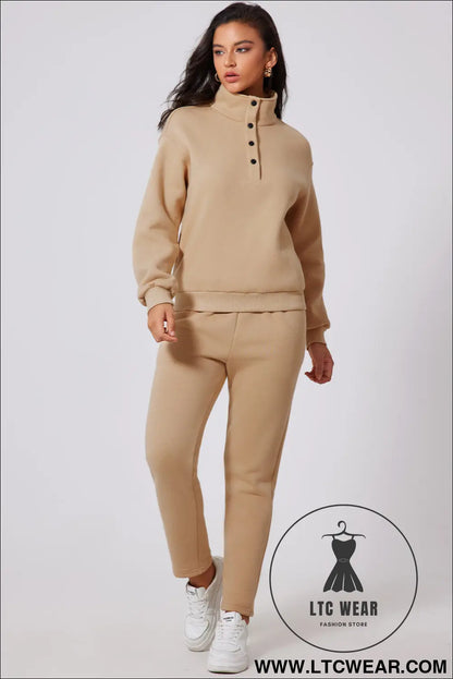 Parchment solid half button sweatshirt and high waist pants set - activewear sets