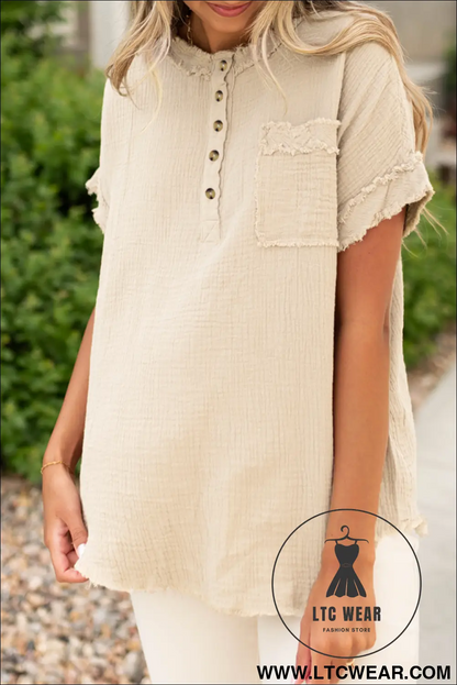 Parchment textured frayed trim henley t shirt - parchment / l / 100% cotton - tops & tees