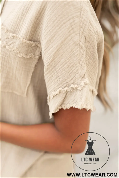 Parchment textured frayed trim henley t shirt - tops & tees