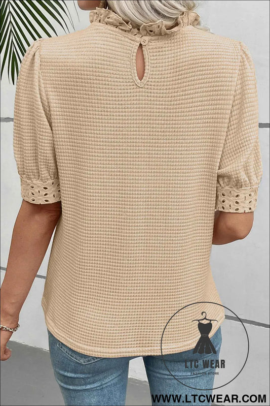 Parchment Textured Knit Eyelet Embroidered Patchwork Ruffled Neck Short Sleeve Blouse
