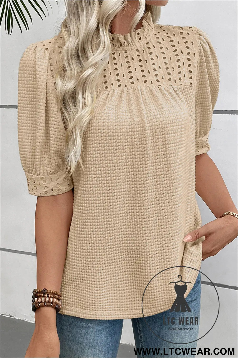 Parchment Textured Knit Eyelet Embroidered Patchwork Ruffled Neck Short Sleeve Blouse - L.T.C Wear Online Fashion Store