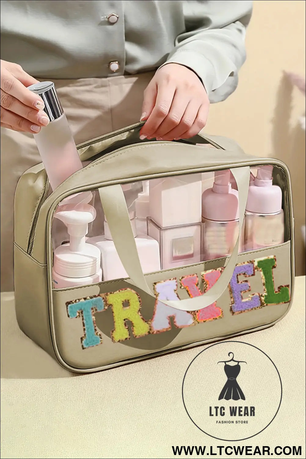 Parchment travel letter print clear pvc makeup bag - parchment / one size / 100% pu - makeup bags