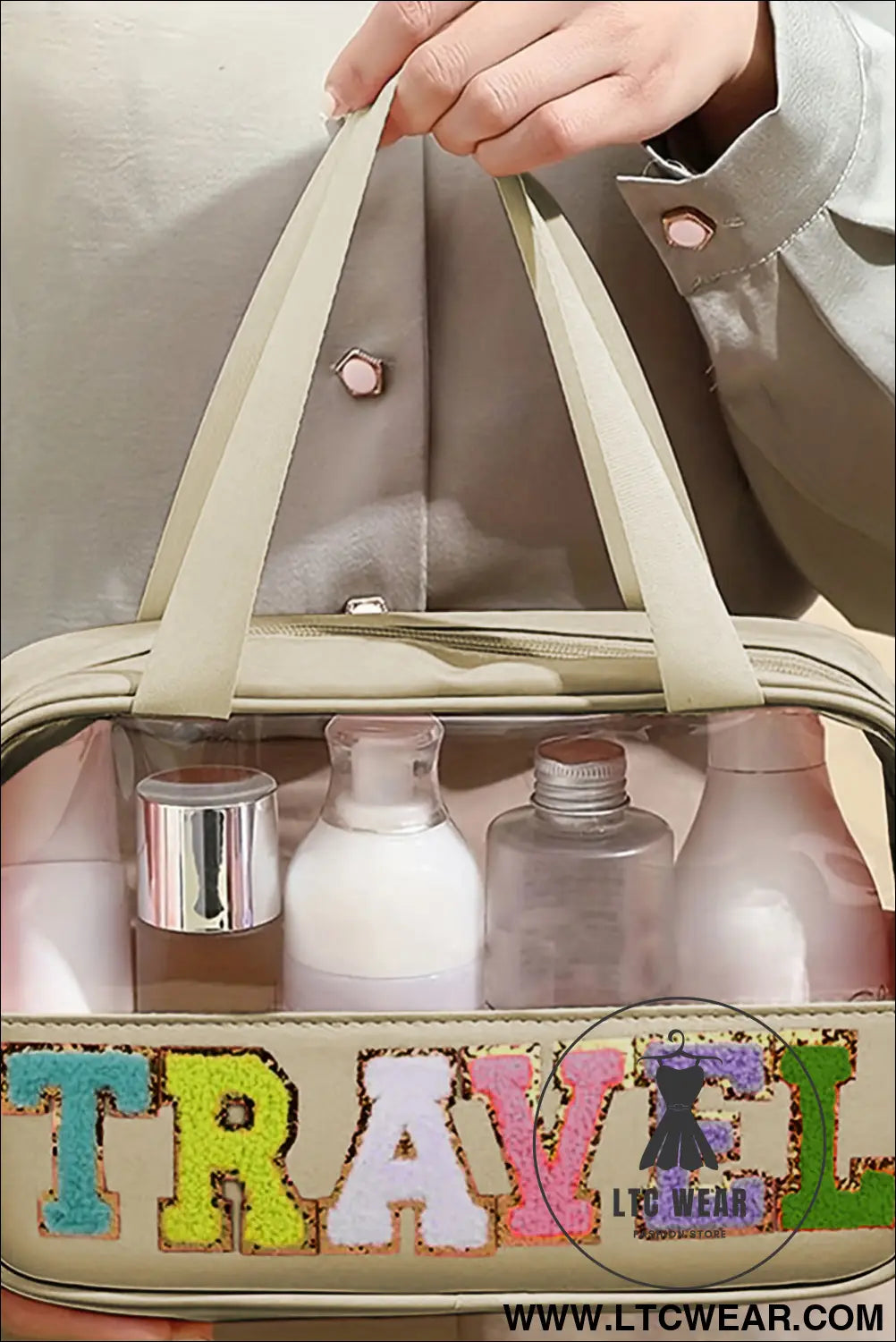 Parchment travel letter print clear pvc makeup bag - parchment / one size / 100% pu - makeup bags