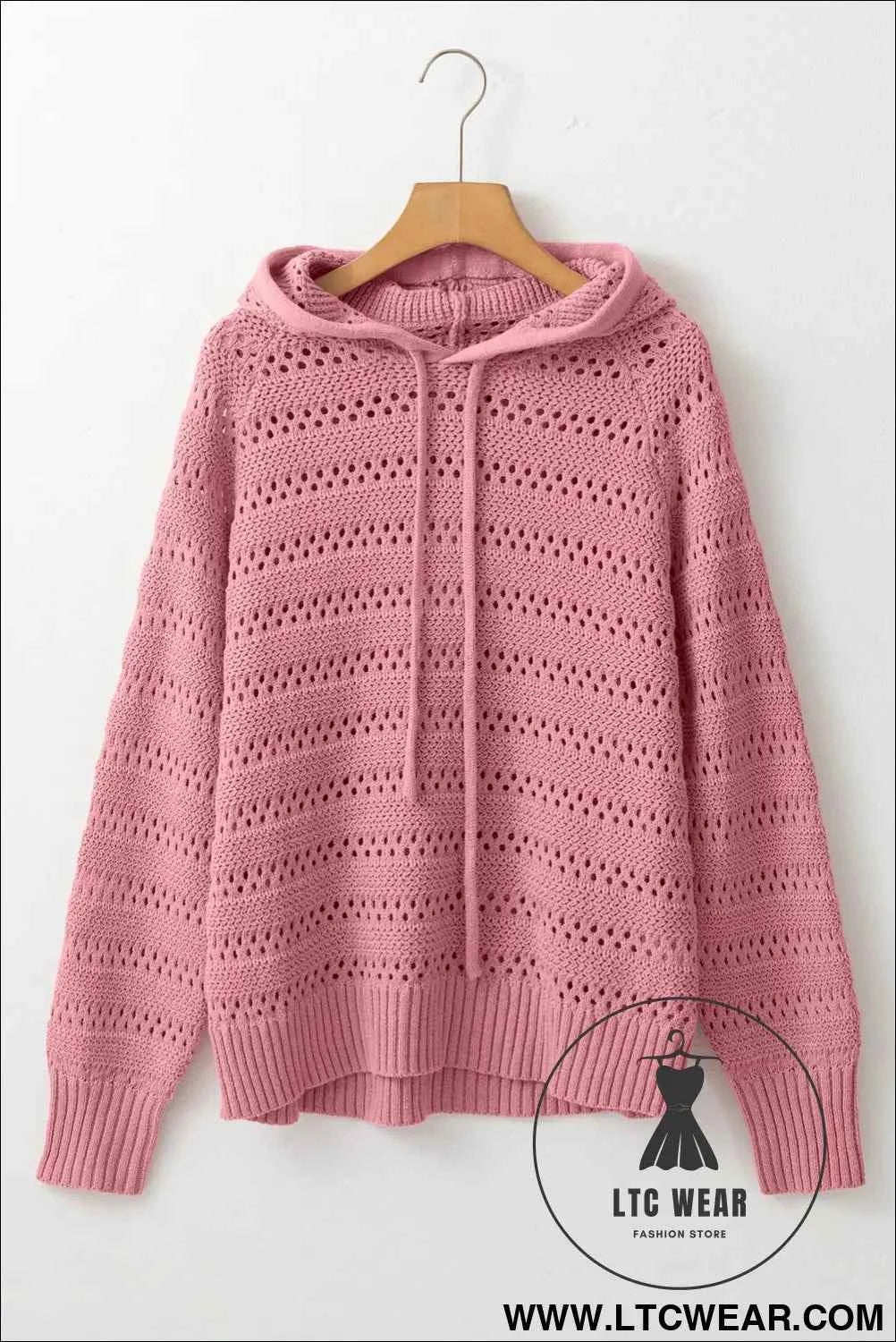 Peach Blossom Pointelle Knit Raglan Sleeve Hooded Sweater