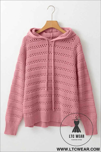 Peach Blossom Pointelle Knit Raglan Sleeve Hooded Sweater