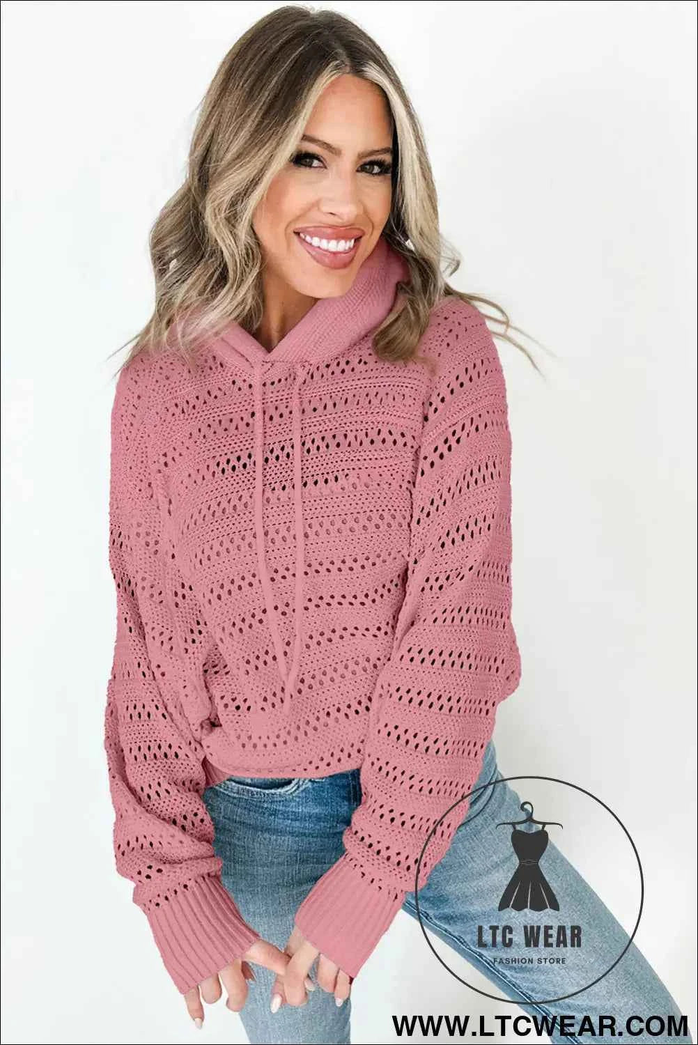 Peach Blossom Pointelle Knit Raglan Sleeve Hooded Sweater